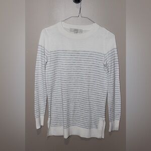 LOFT Women's Sweater in White and Gray Stripes